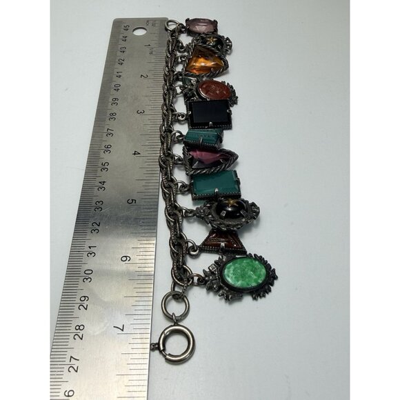 Vintage ArtDeco Czech Carved Art Glass Charm Bracelet Multicolor Circa 30s Rare - Picture 7 of 13